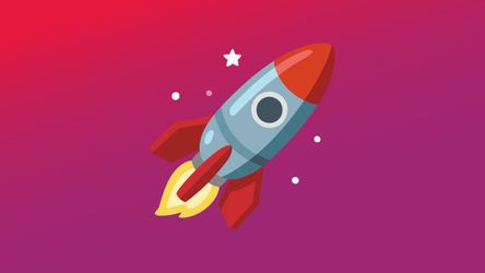 Illustration einer Comic-Rakete mit roten Flossen und einer gelben Flamme vor einem rot-lila Hintergrund mit Sternen.