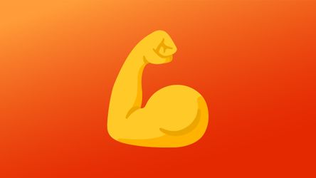 Gelbes Emoji mit angespanntem Bizeps auf orangefarbenem Hintergrund mit Farbverlauf, das Stärke und Kraft symbolisiert.