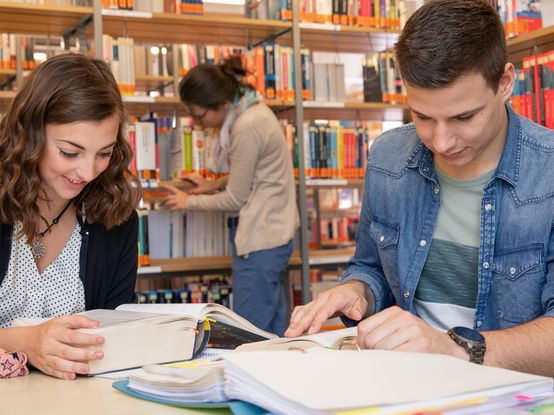 Zwei dm-Studierende lernen am Schreibtisch in Bibliothek der Hochschule