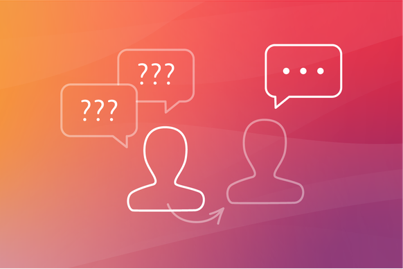 Zwei umrissene Figuren mit Sprechblasen, eine mit Fragezeichen und die andere mit Ellipsen, auf einem orange-lila Hintergrund mit Farbverlauf.