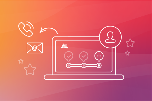 Illustration eines Laptops mit Häkchen und einer Sprechblase. Umgeben von Symbolen für Telefon, E-Mail und Benutzerprofil auf einem Hintergrund mit Farbverlauf von Orange zu Lila.