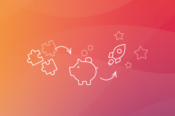 Illustration von Puzzlestücken, einem Sparschwein und einer Rakete sind auf einem Hintergrund mit Farbverlauf zu sehen.